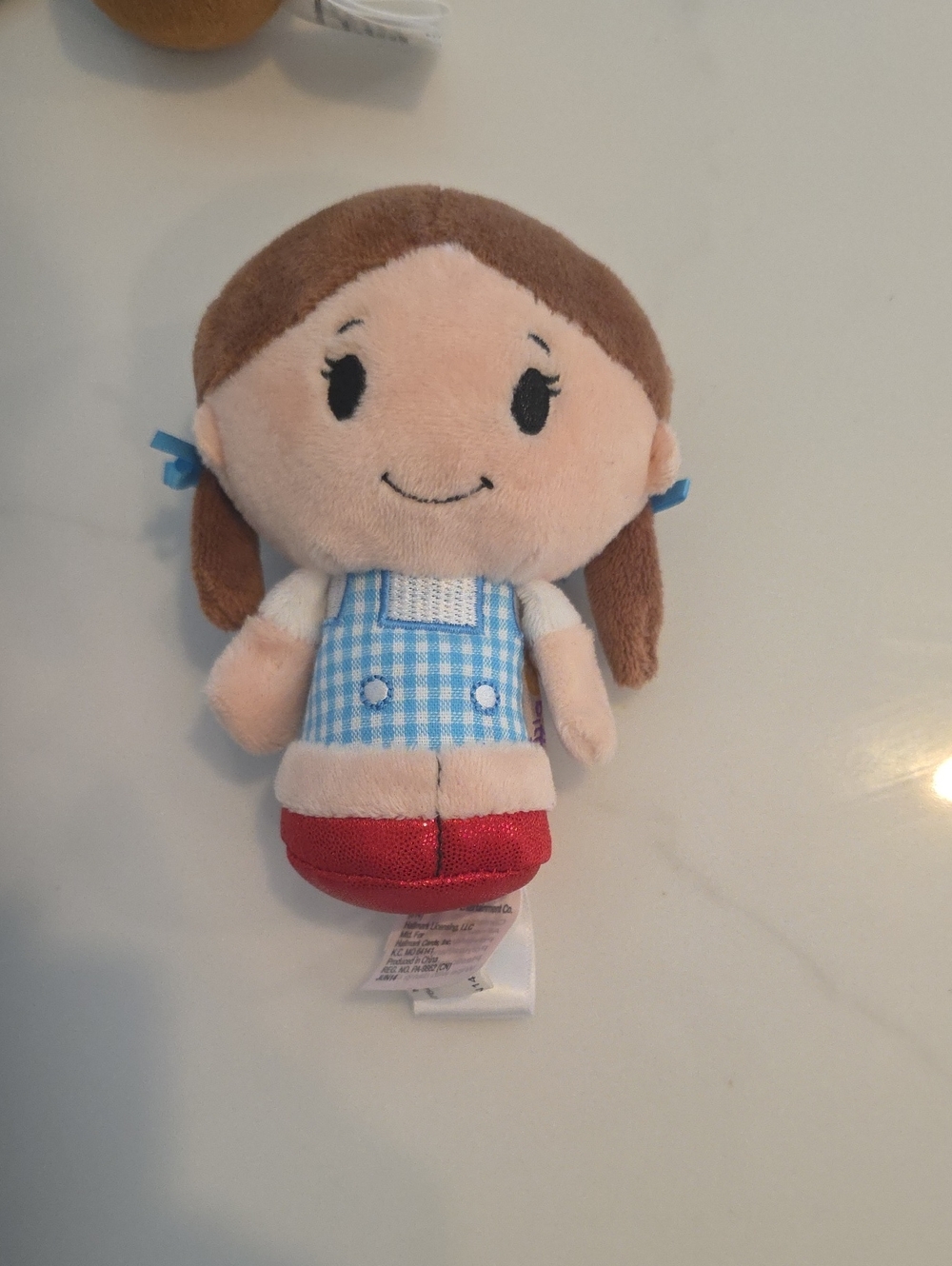 Plush Doll in Blue Gingham Dress with Red Shoes